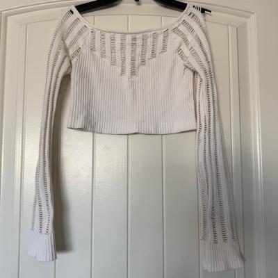 White Ribbed Distressed Knit Long Sleeve Crop Top  Brand New - Thumbnail 2