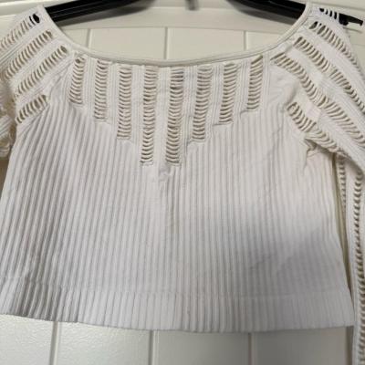 White Ribbed Distressed Knit Long Sleeve Crop Top  Brand New - Thumbnail 3