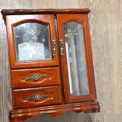 Wooden Jewelry Box with Glass Doors Drawers Mirror Lined Vel