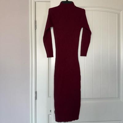 Burgundy Ribbed Knit Bodycon Midi Dress  Turtleneck - Thumbnail 3