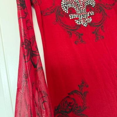 Y2K Gothic Rhinestone FleurdeLis Mesh Sleeve Top  Red  Black - Thumbnail 3