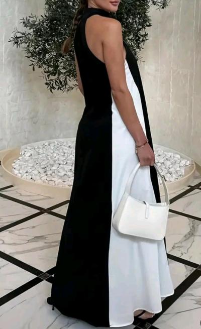 Womens Solid Black  White Maxi Dress - Thumbnail 2