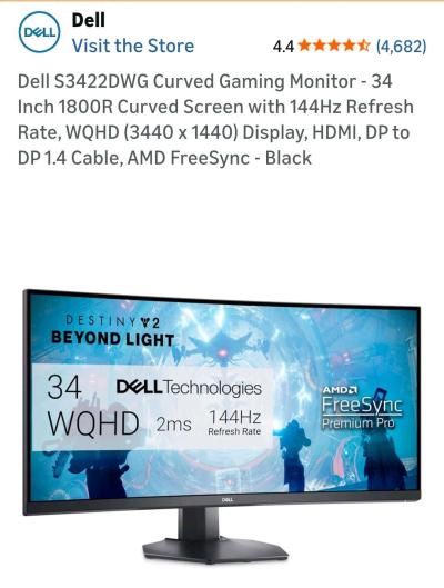Dell S3422DWG Curved Gaming Monitor  34Inch 1800R 144hz - Thumbnail 1