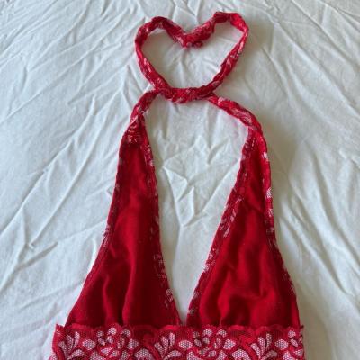 Red Floral Lace Halter Top  Sheer Plunge Babydoll  Romantic - Thumbnail 5