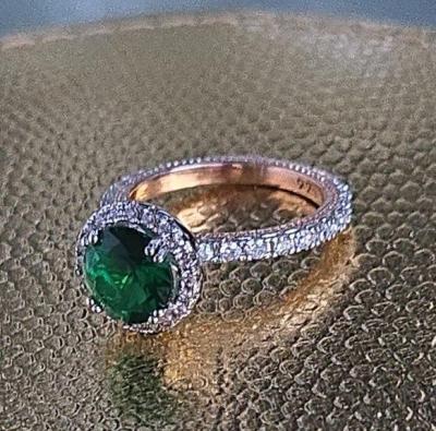 Sterling Silver  Rose Gold Emerald CZ Halo Ring - Thumbnail 3