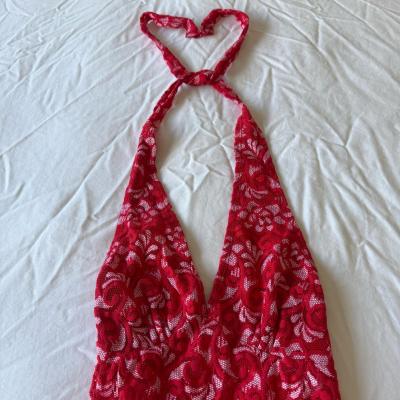 Red Floral Lace Halter Top  Sheer Plunge Babydoll  Romantic - Thumbnail 2