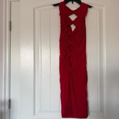 Bold Red Ruched Bodycon Midi Dress  Crisscross Back  Size S - Thumbnail 6