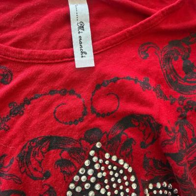 Y2K Gothic Rhinestone FleurdeLis Mesh Sleeve Top  Red  Black - Thumbnail 6