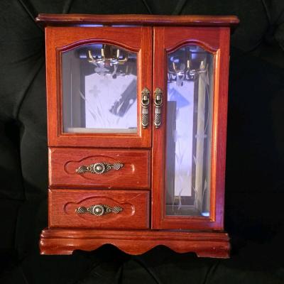 Wooden Jewelry Box with Glass Doors Drawers Mirror Lined Vel - Thumbnail 3