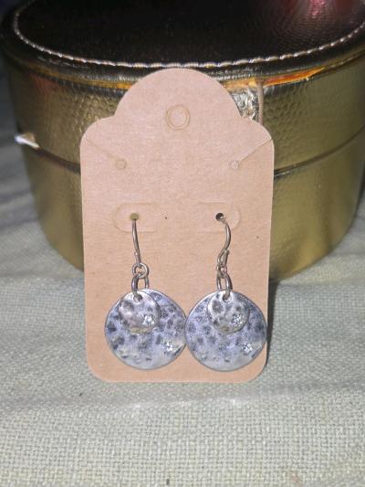 Hammered Silver Tone Disc Drop Earrings with CZ Accents - Thumbnail 5