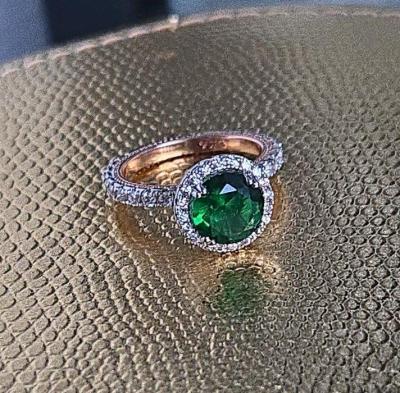 Sterling Silver  Rose Gold Emerald CZ Halo Ring - Thumbnail 5