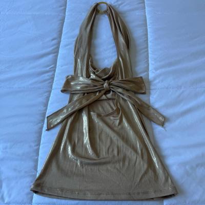 Y2K Gold Metallic Backless Halter Top O Ring Neck Wrap Tie - Thumbnail 2