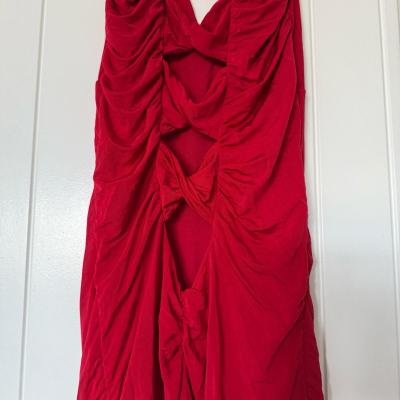 Bold Red Ruched Bodycon Midi Dress  Crisscross Back  Size S - Thumbnail 5