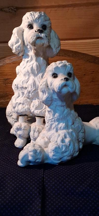 Vintage White Chalkware Poodle Dog Statues