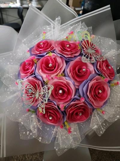 Pink and lavender satin ribbons roses bouquet - Thumbnail 5