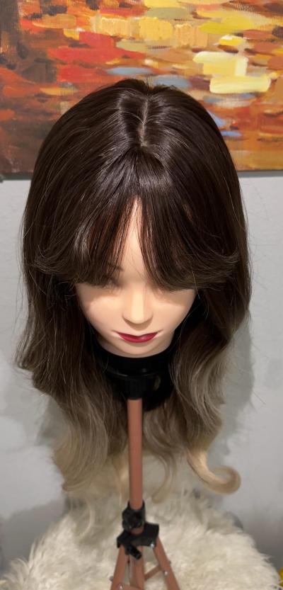 Synthetic Blend Ombre Brown Wig with Bangs and realistic sca - Thumbnail 6