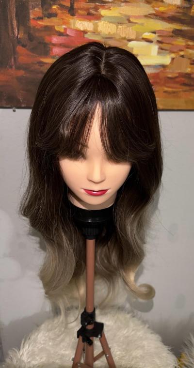 Synthetic Blend Ombre Brown Wig with Bangs and realistic sca - Thumbnail 4