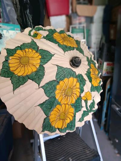 handpainted bamboo umberella with yellow flowers - Thumbnail 2