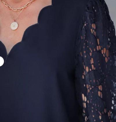 Cupshe Navy Lace Sleeve Blouse Womens Medium Elegant Long Sl - Thumbnail 3