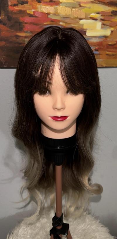 Synthetic Blend Ombre Brown Wig with Bangs and realistic sca - Thumbnail 9