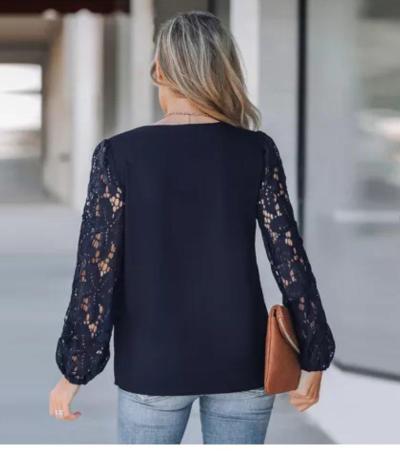 Cupshe Navy Lace Sleeve Blouse Womens Medium Elegant Long Sl - Thumbnail 2