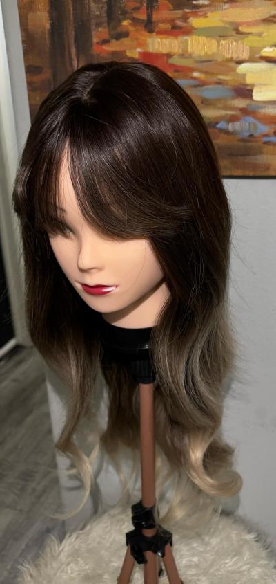 Synthetic Blend Ombre Brown Wig with Bangs and realistic sca - Thumbnail 3