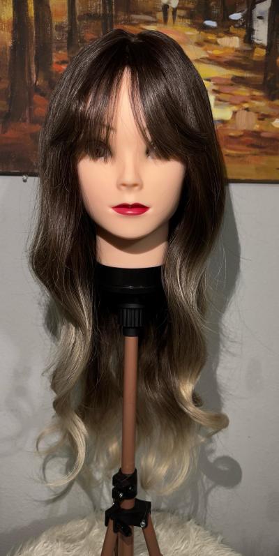 Synthetic Blend Ombre Brown Wig with Bangs and realistic sca - Thumbnail 10