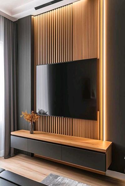 Custom TV Wall Design Fireplaces Wood Slat Stone Accent Wall - Thumbnail 6