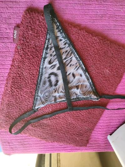 A Sexy Womans Pair of Black and Grey Leopard Thong Panties - Thumbnail 2