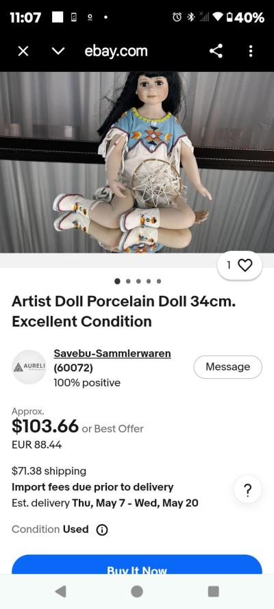 Ashton Drake Vintage Native American Porcelain Doll - Thumbnail 1