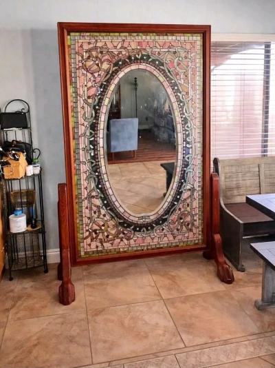 Vintage Wood  Stained Glass Floor Mirror