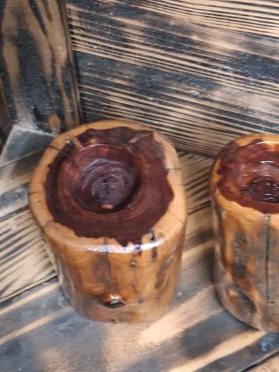 handcrafted tea light or candle cedar stand sold in pairs - Thumbnail 3