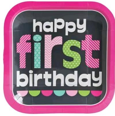 1st Birthday Party Pink Chalkboard Square Paper Dessert Plat