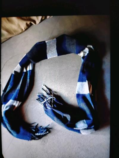 A Sexy Womans Dark Blue and White Scarf