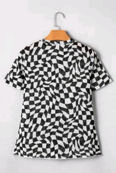 Medium Black Checkered Print Crew Neck Mesh T Shirt - Thumbnail 4