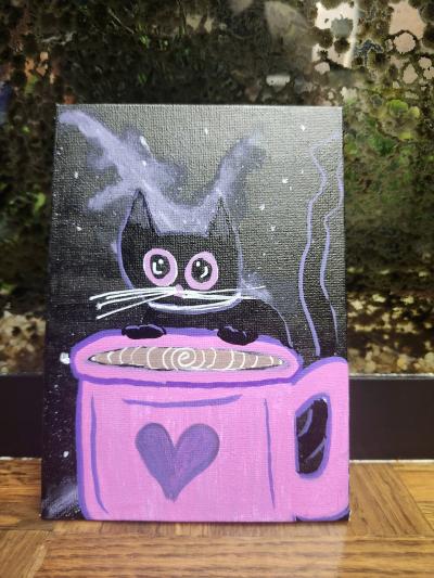 Black Cat Galaxy Coffee Painting 5x7 Handmade Space Cat Art