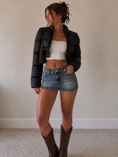 black puffer jacket with a cropped fit