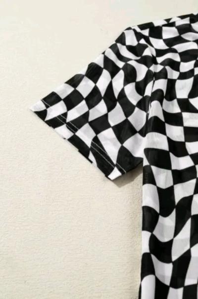 Small Black Checkered Print Crew Neck Mesh T Shirt - Thumbnail 2