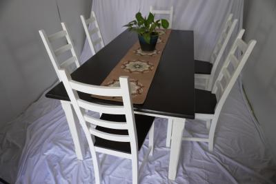 Beautiful Farmhouse Dining Table Set – 6 Chairs – Kona Stained Top & White Satin Base