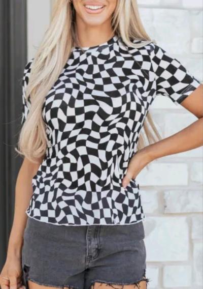 Medium Black Checkered Print Crew Neck Mesh T Shirt - Thumbnail 2