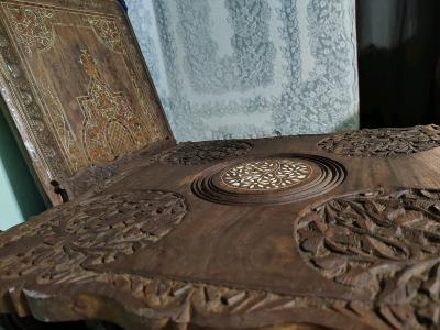 hand crafted indian bone inlay matching teakwood end tables - Thumbnail 2