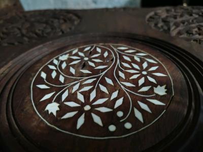 hand crafted indian bone inlay matching teakwood end tables