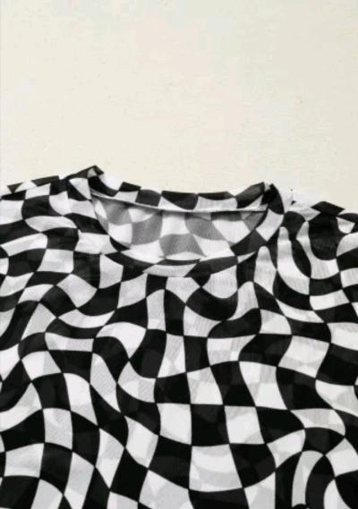 Medium Black Checkered Print Crew Neck Mesh T Shirt - Thumbnail 5