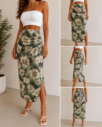 Green floral midi skirt with side slit - Thumbnail 2