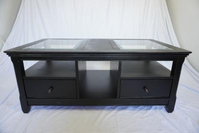 Modern Black Coffee Table – Glass Top, 2 Drawers, Freshly Refinished