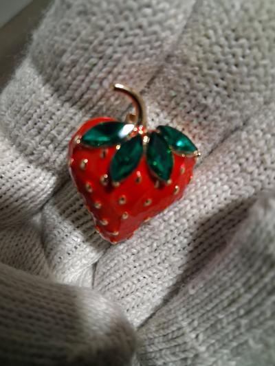 Enamel Strawberry Brooch with Emerald Leaves