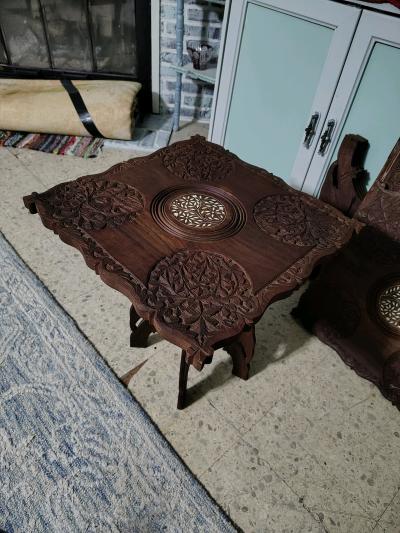 hand crafted indian bone inlay matching teakwood end tables - Thumbnail 6