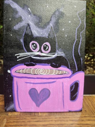Black Cat Galaxy Coffee Painting 5x7 Handmade Space Cat Art - Thumbnail 3