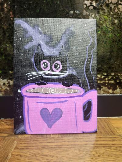 Black Cat Galaxy Coffee Painting 5x7 Handmade Space Cat Art - Thumbnail 2