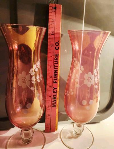 Vintage Cranberry etched hurricane vases - Thumbnail 4